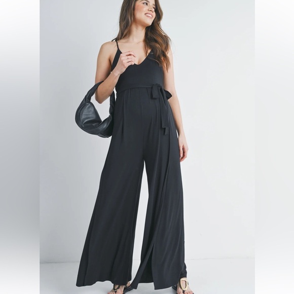 NWOT hello Miz Spaghetti Strap V-Neck Split Hem Maternity Jumpsuit - Picture 3 of 6
